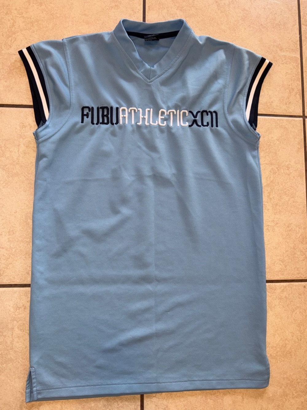 FUBU Light Blue Sleeveless Mesh Athletic Top with Navy Trim
